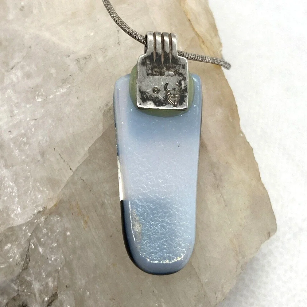 Vintage Dichroic Glass Pendant 16'' Chain Necklace Sterling 925 Silver‎ 8.9g